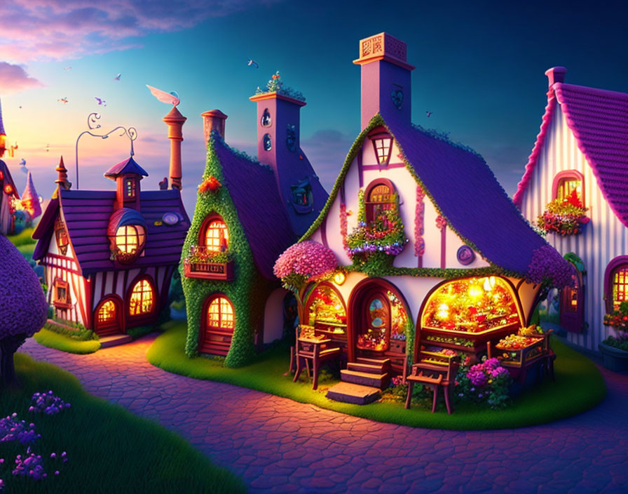 Twilight scene with whimsical cottages and lush greenery