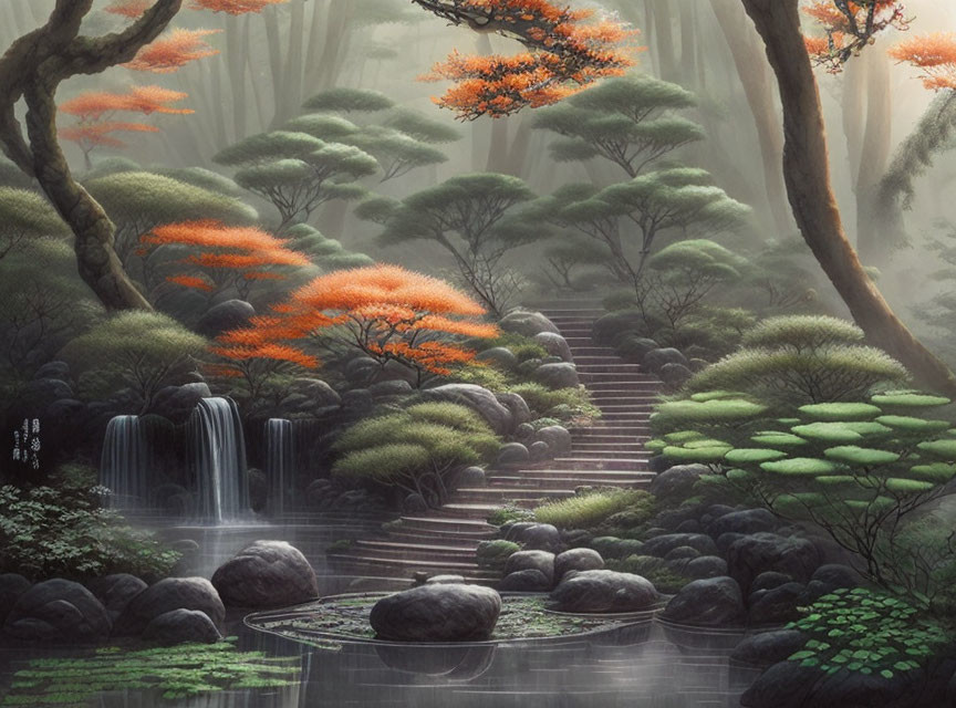 Mystical forest painting with waterfall and mist-covered staircase