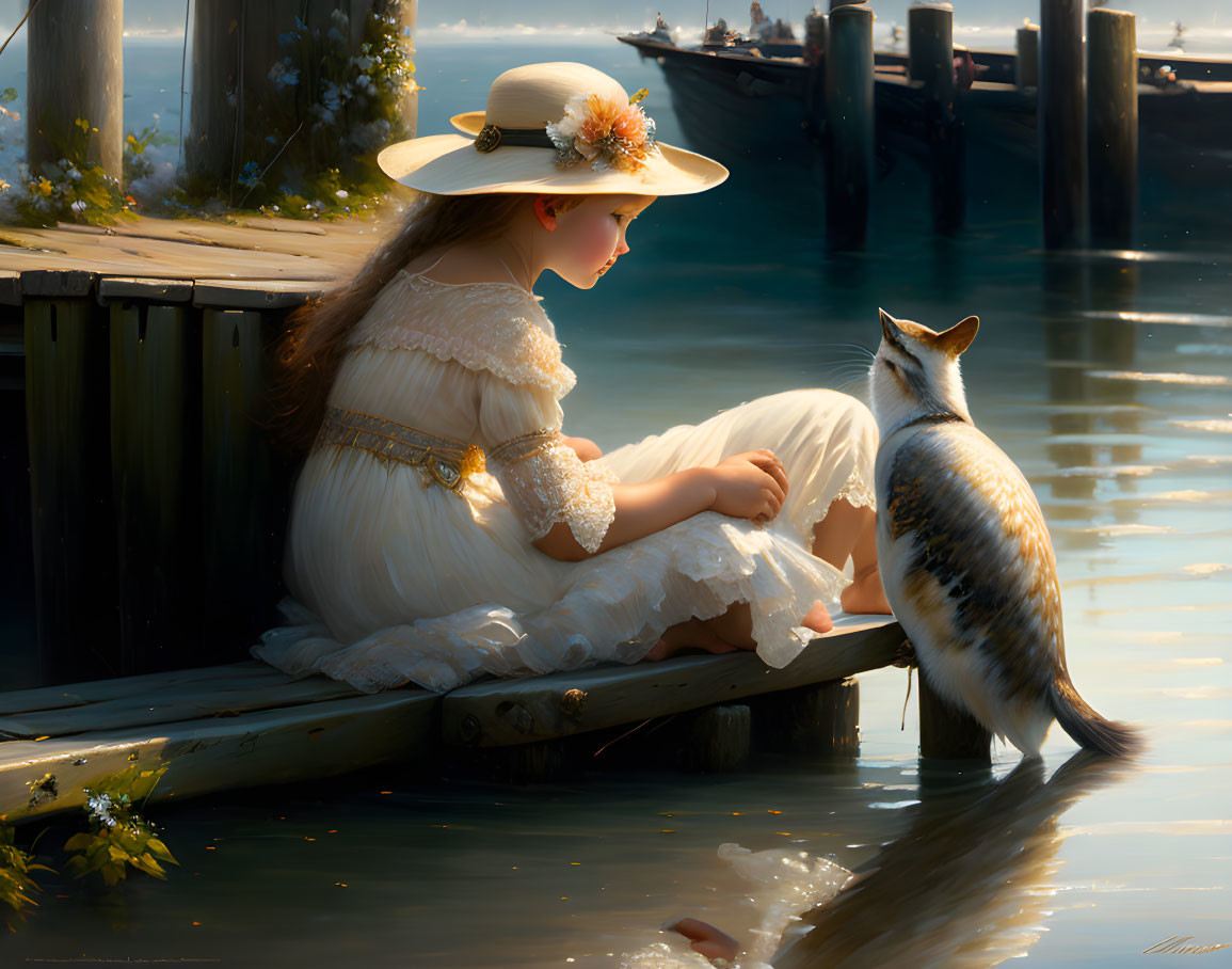 Young girl in white dress and hat on wooden dock with cat under sunlight