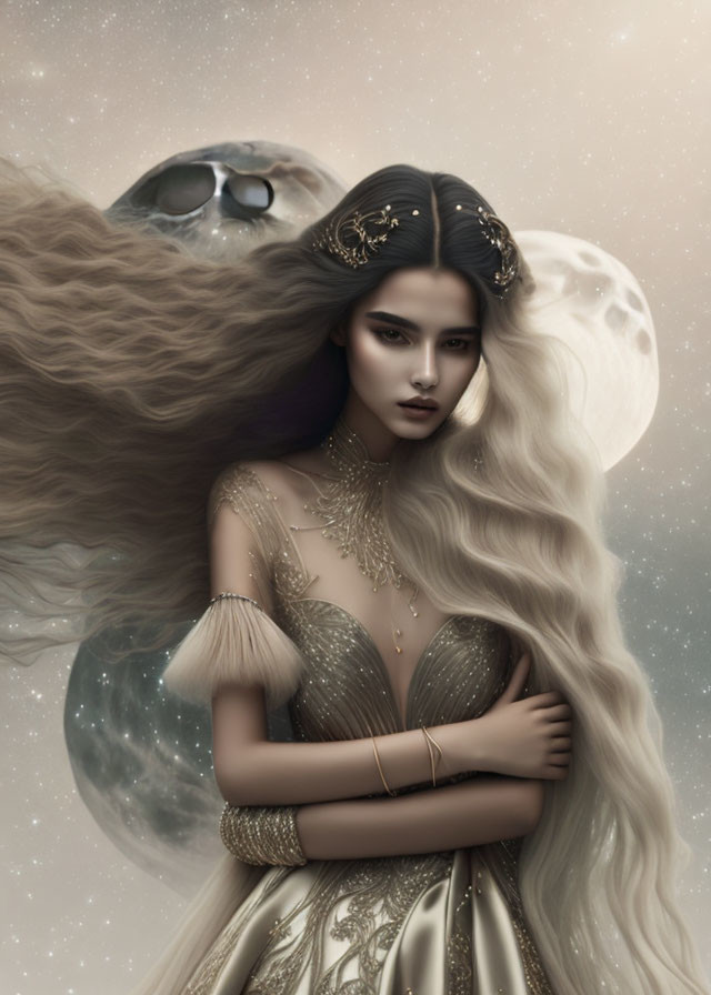 Ethereal woman in golden dress with flowing hair against cosmic backdrop