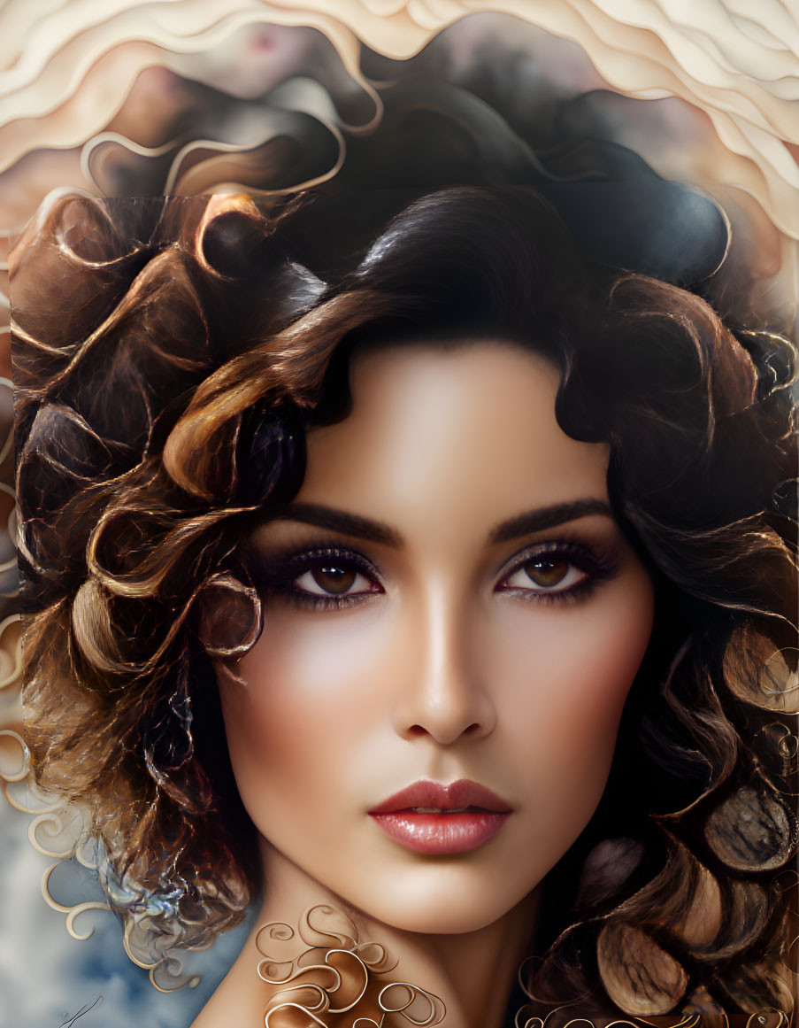 Detailed digital portrait: Woman with voluminous curly brown hair and striking brown eyes, surrounded by abstract swirl