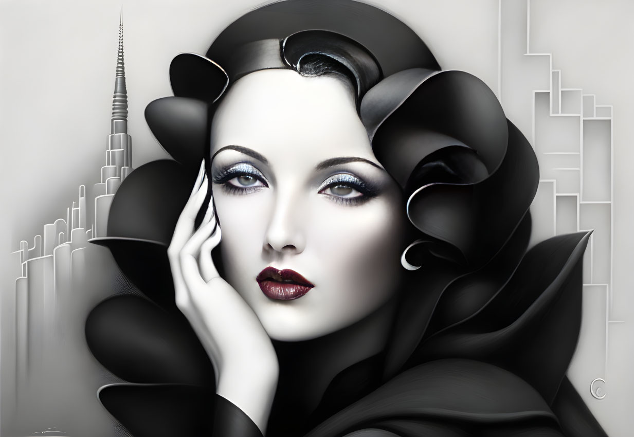 Stylized portrait of woman with dark hair, pale skin, red lips, blue eyes, framed