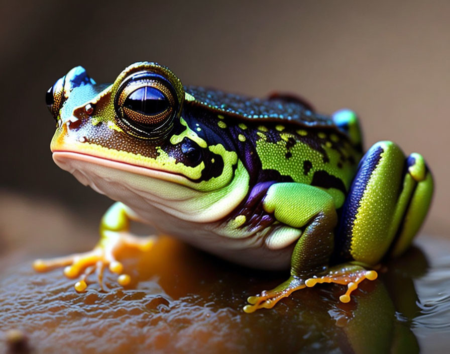 Colorful Frog with Intricate Patterns and Glossy Eyes on Wet Surface