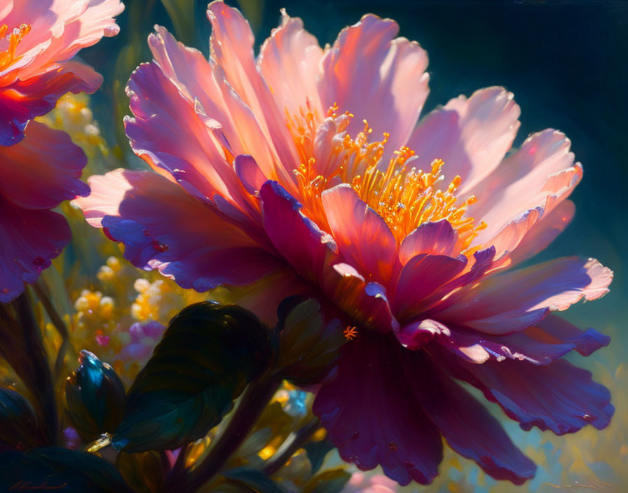 Vibrant pink flowers with delicate petals and golden stamen in soft glow