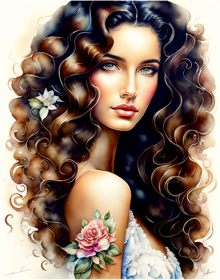 Illustrated portrait of woman with curly brown hair, green eyes, and rose tattoo