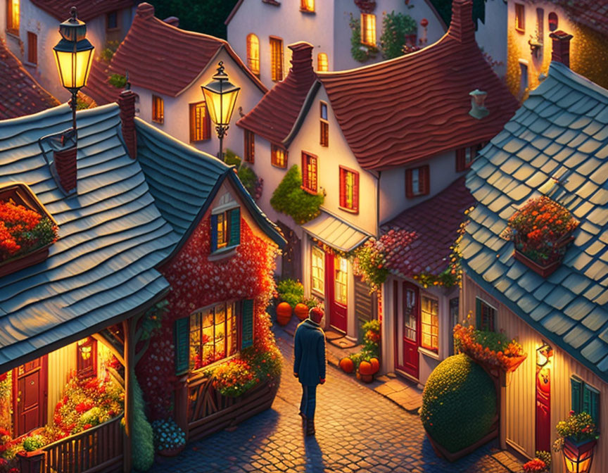 Quaint cobblestone alley with warm glowing windows