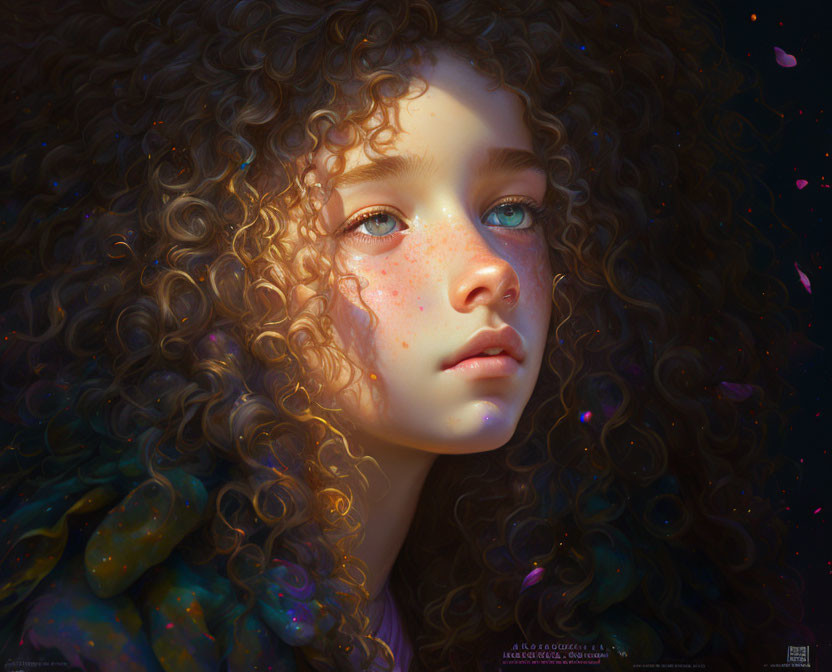 Digital artwork featuring young person with curly hair and freckles in dark background with glowing bubbles and petals