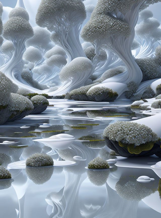 Fantastical landscape with white tree-like structures and reflective waterway