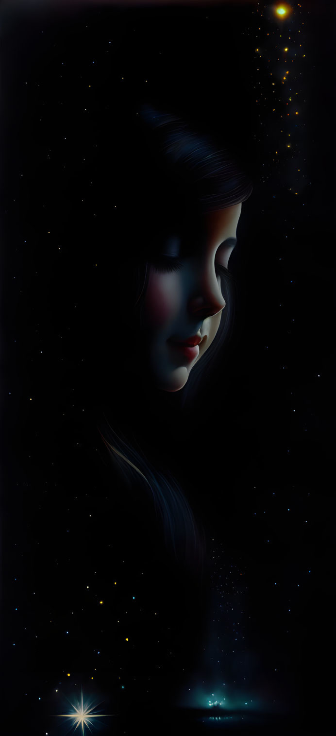 Girl's Profile in Starlit Cosmic Background