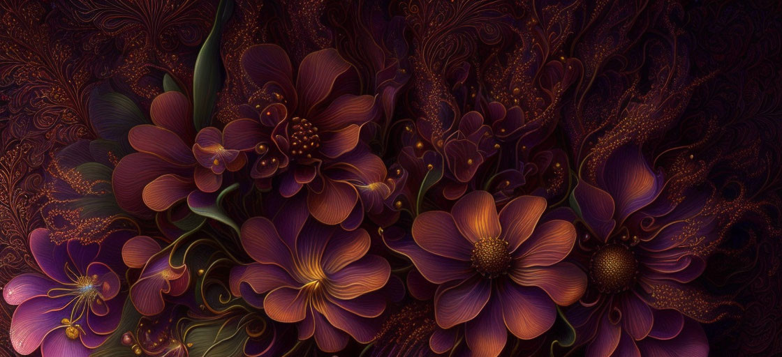 Detailed Dark Purple and Maroon Floral Digital Artwork