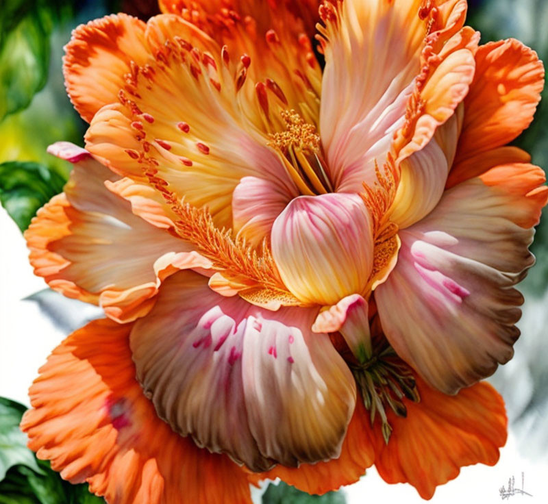 Vibrant orange and pink flower with yellow stamens in close-up view