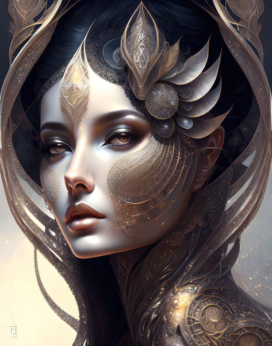 Intricate golden headdress on woman with detailed face patterns