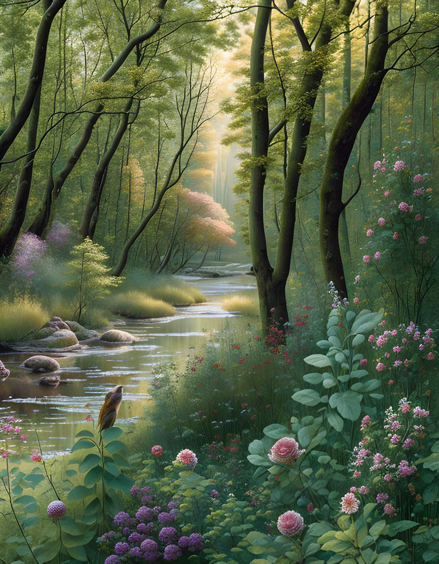 Tranquil woodland landscape with stream, greenery, flowers & sunlight