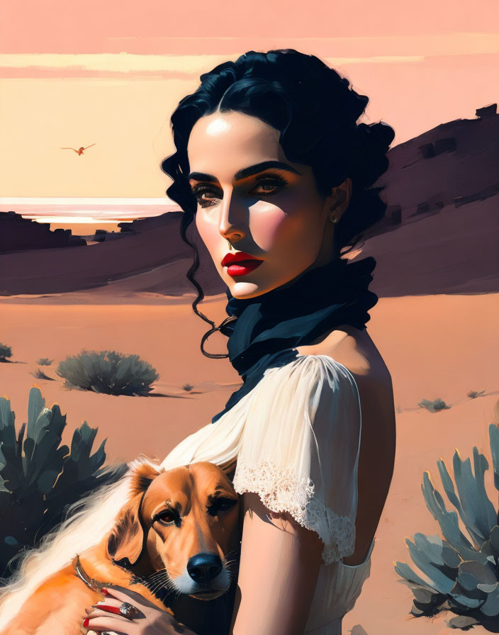 Illustrated woman with dark hair and red lipstick in desert scene with dog, cacti, and