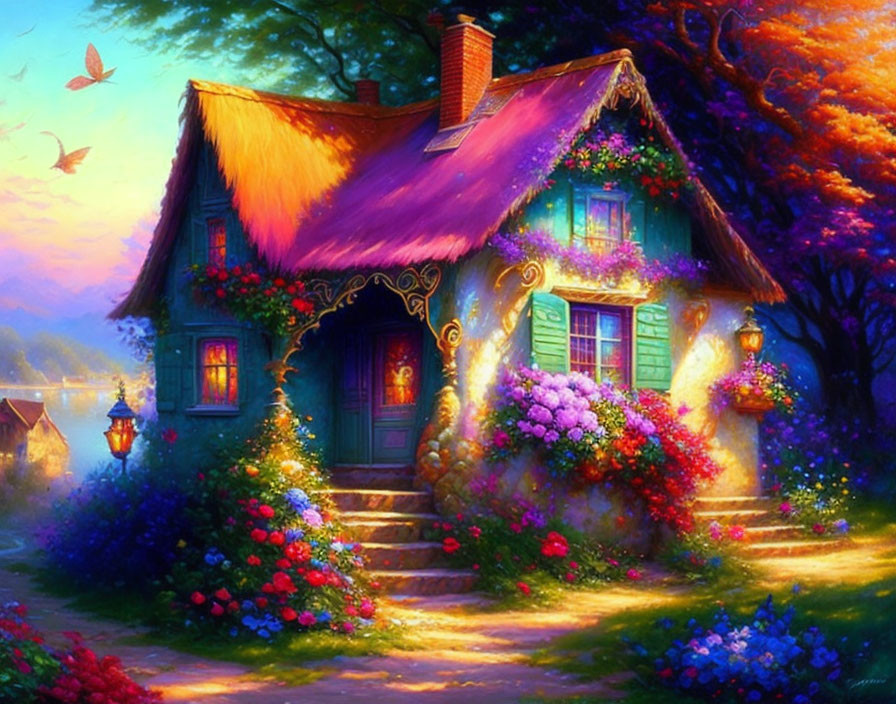 Charming cottage with vibrant flowers, butterflies, and serene lake at twilight