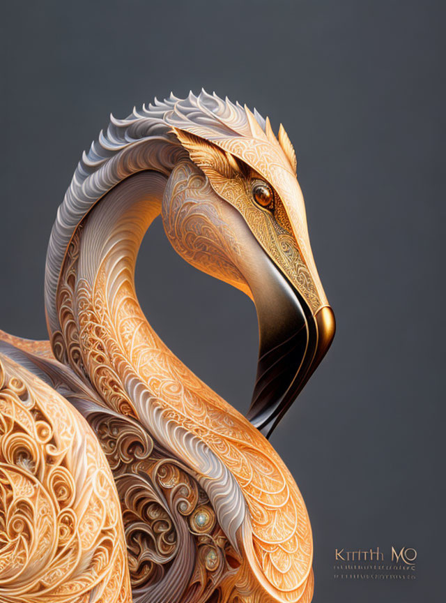 Detailed digital swan sculpture in orange, gold, white hues