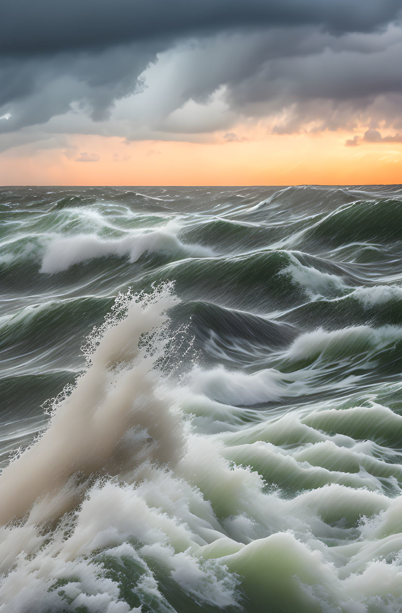 Stormy Sea with Dramatic Waves and Sunset Sky