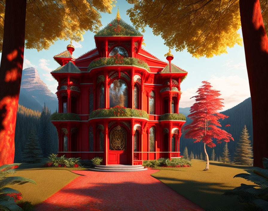 Vibrant red fantasy mansion in autumn setting with ornate windows.