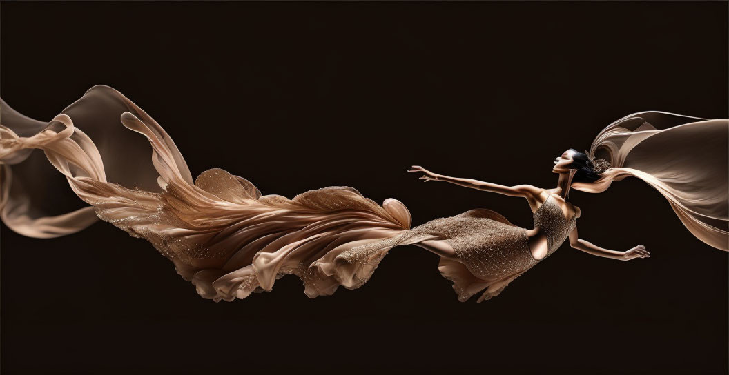 Elegant dancer in beige dress against dark background