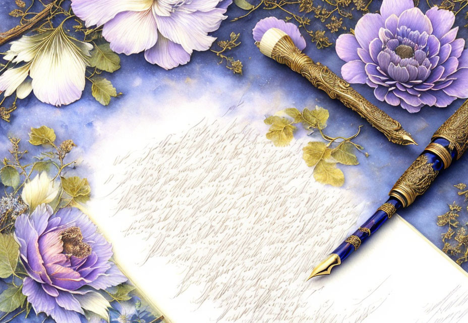 Ornate pen on open journal with purple flowers and green leaves