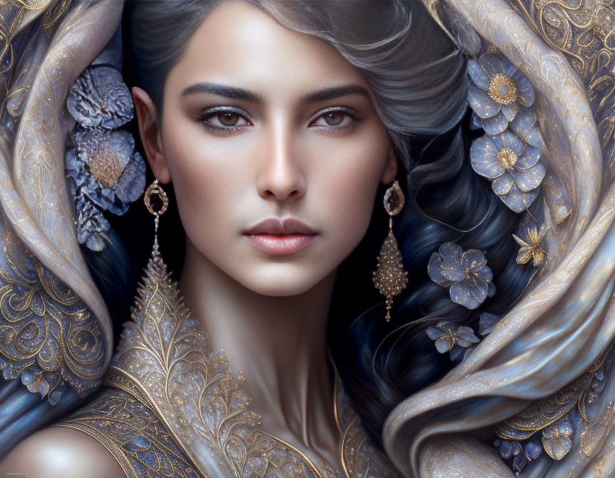 Digital portrait of elegant woman with flowing hair and golden ornate details.