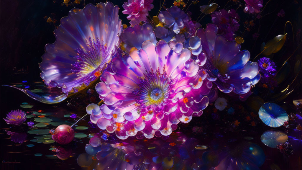 Colorful digital artwork of reflective flowers and orbs.