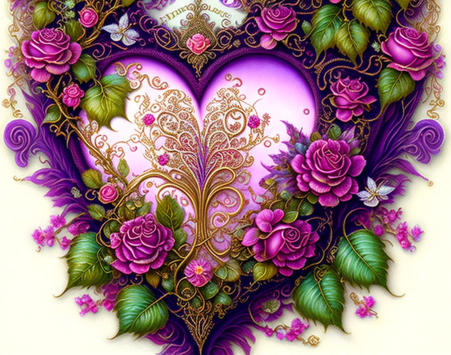 Intricate gold heart with purple roses and butterflies