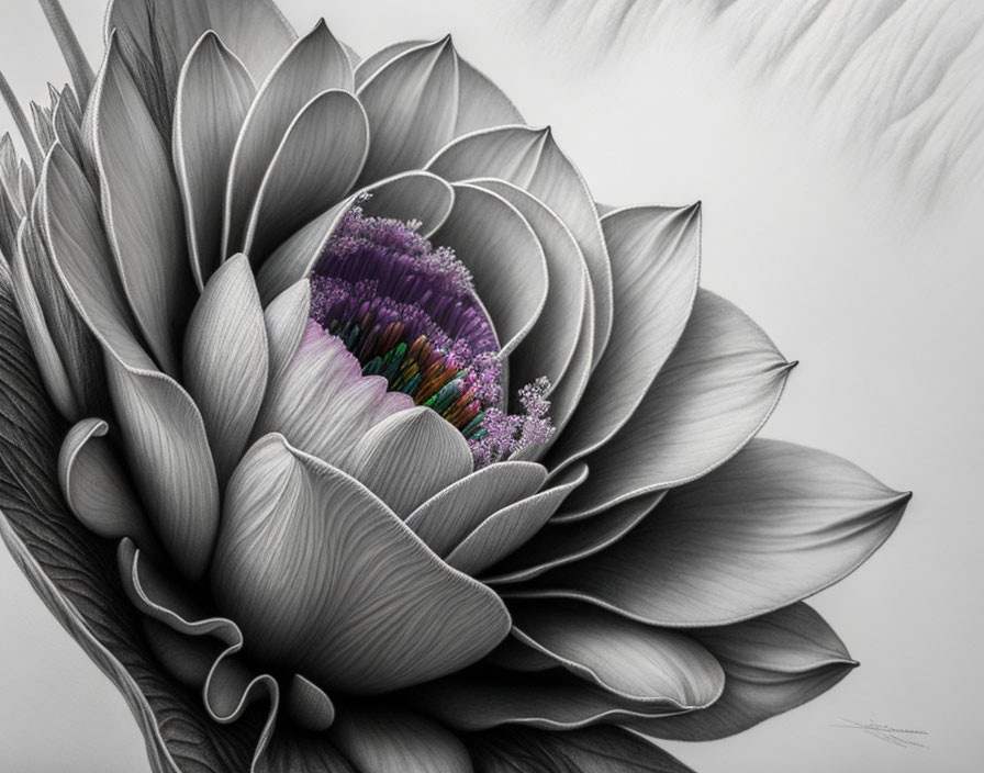 Detailed grayscale digital artwork of large flower with colorful fractal pattern in the heart