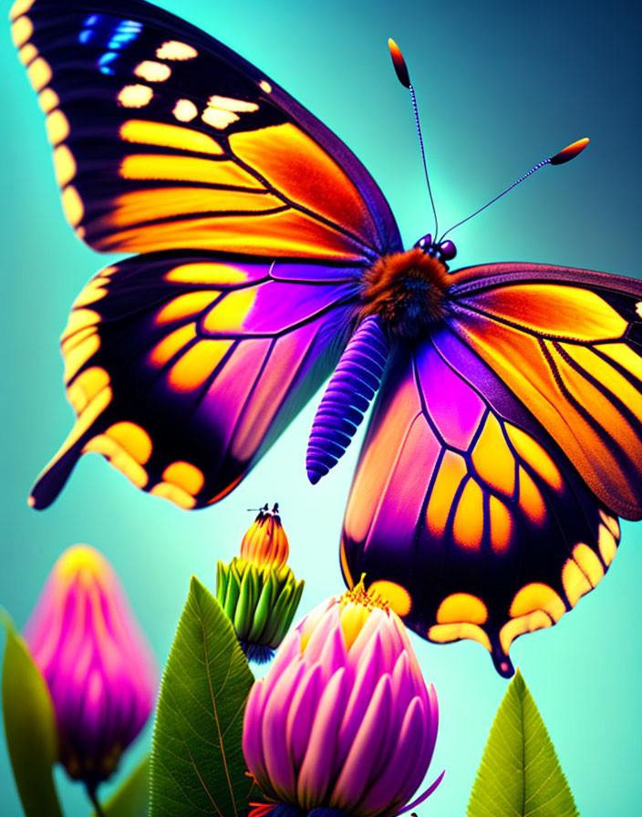 Colorful Butterfly Perched on Green Foliage Against Blue Background