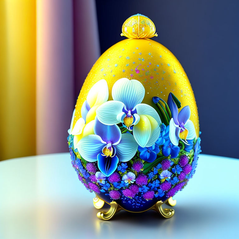 Colorful Easter egg with floral design on golden stand