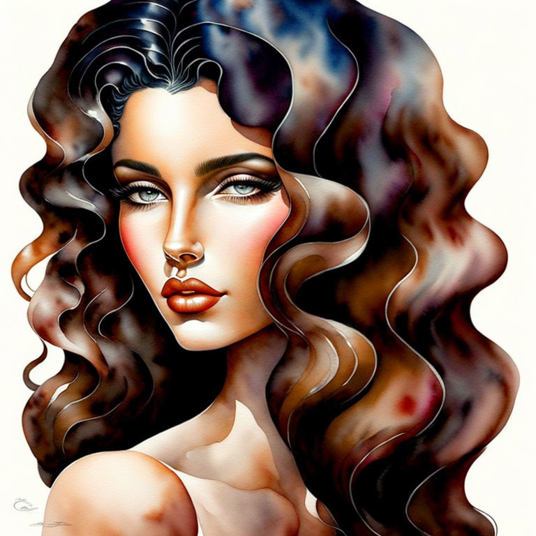 Woman's portrait with voluminous curly hair and striking blue eyes in warm tones