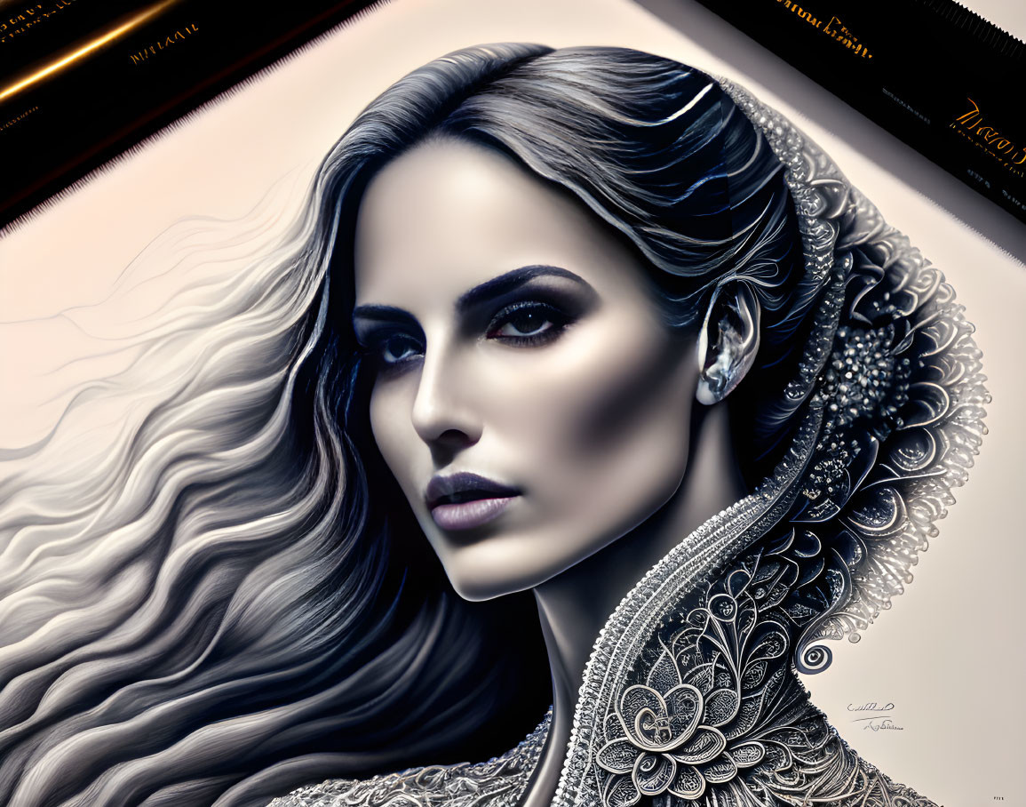 Detailed Digital Portrait of Woman with Lace Details & White Hair