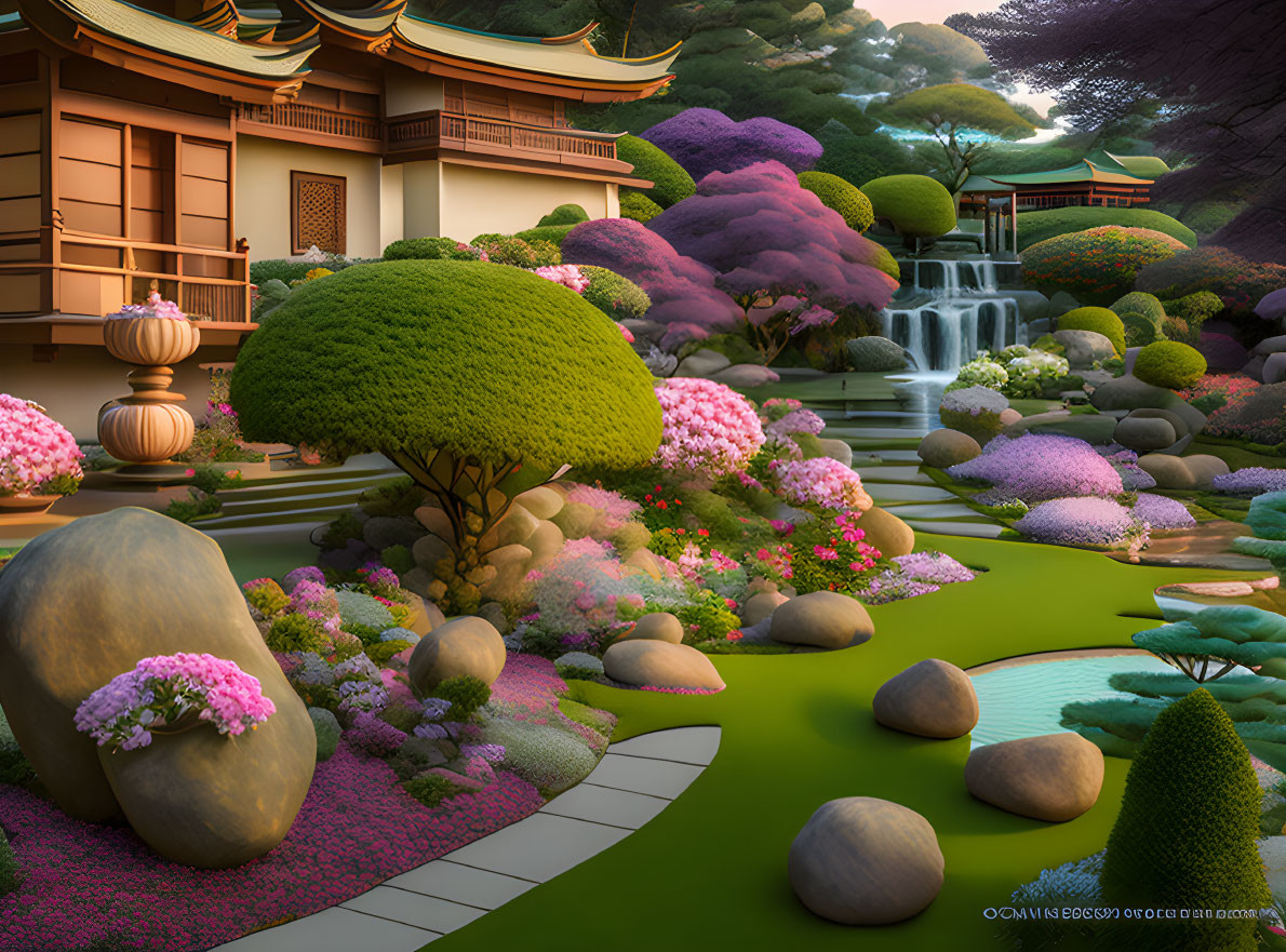 Japanese garden with waterfall, greenery, pink flowers, stones, and traditional building