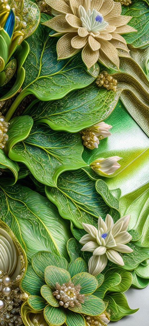 Detailed Green and Blue Floral Arrangement with Pearls