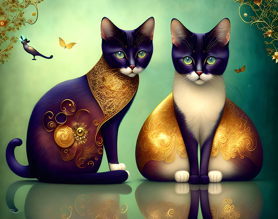 Stylized cartoon-like cats with ornate fur patterns and butterflies in whimsical setting