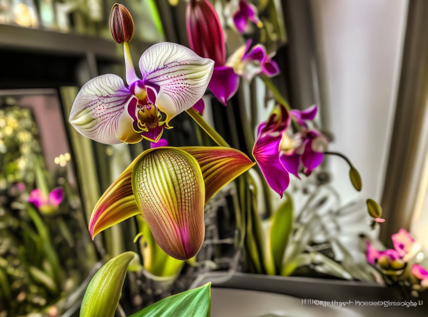 Vibrant Purple, White, and Yellow Orchids Close-Up Shot