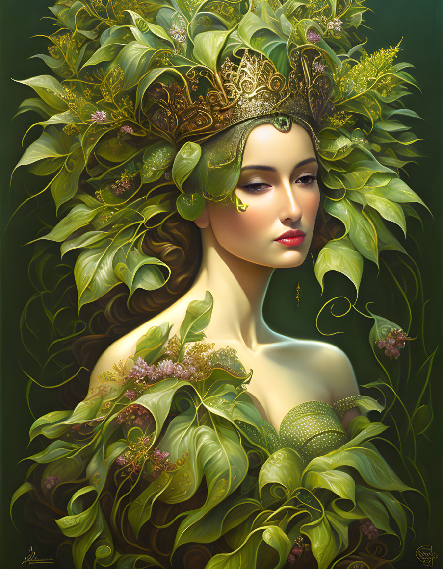 Woman with serene expression in golden leaf headpiece surrounded by greenery.