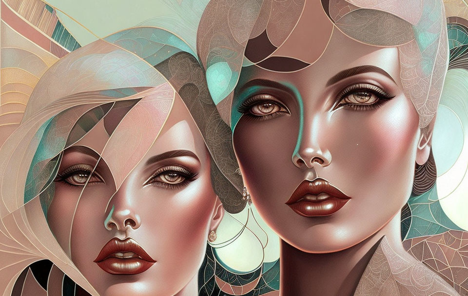 Stylized female figures with detailed makeup and decorative elements on abstract background