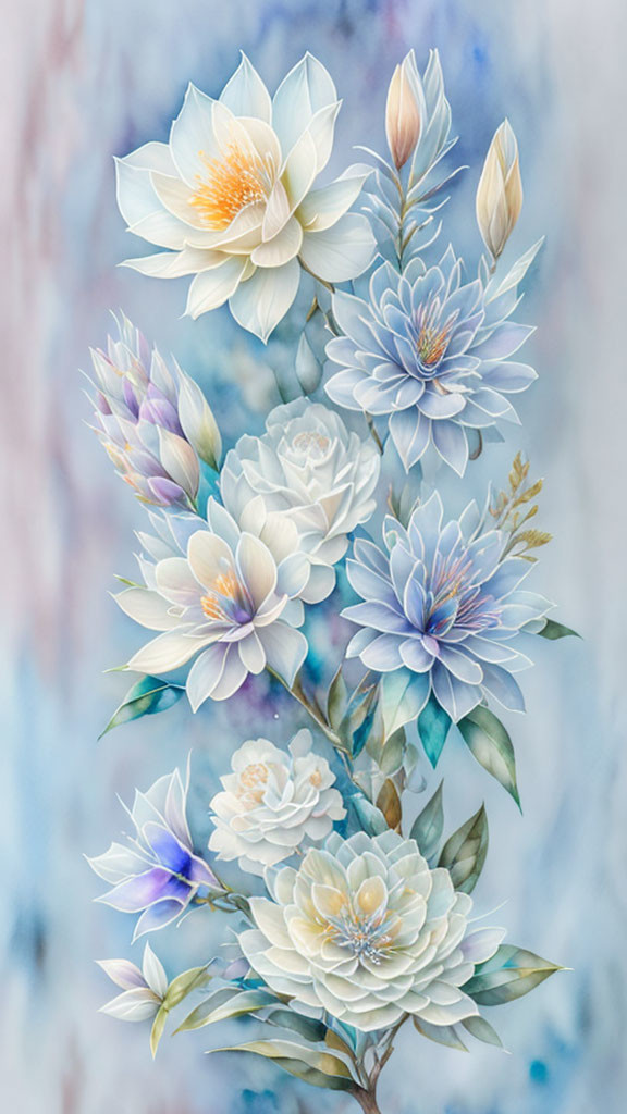 Delicate White and Blue Flower Arrangement on Pastel Blue Background