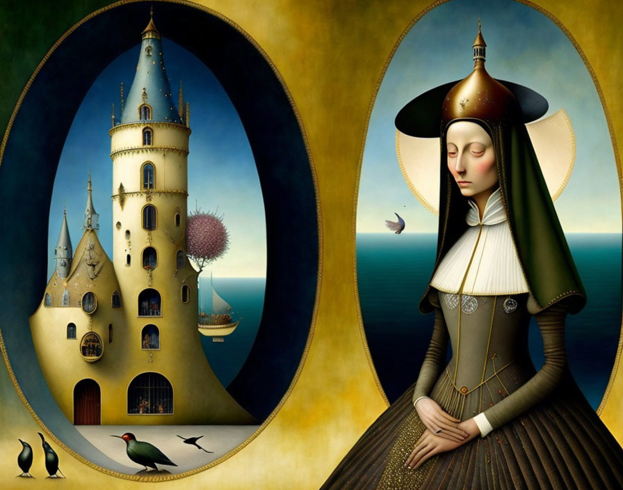 Surreal artwork: Woman with elongated neck, whimsical castle, penguins.