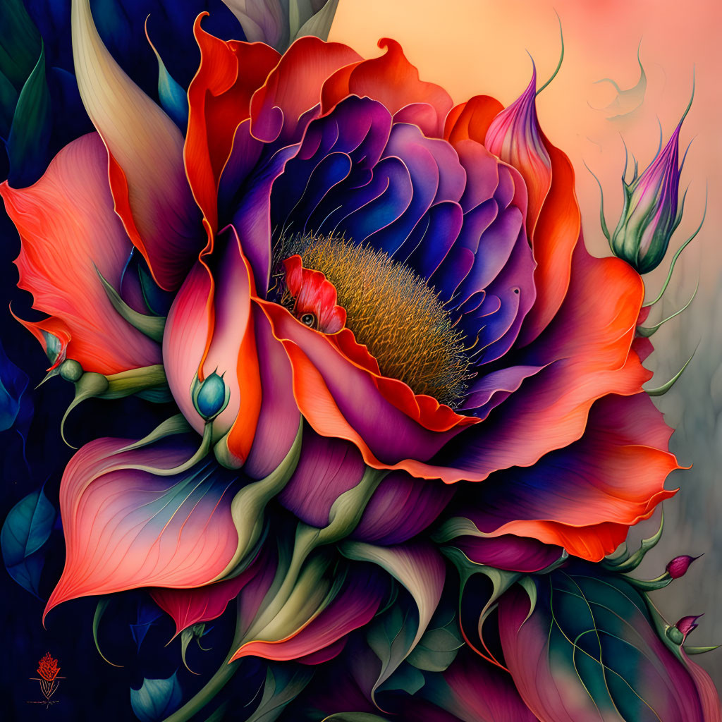 Colorful digital artwork: stylized flower with red and orange petals on gradient background