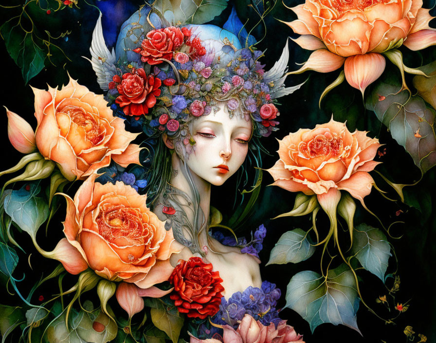 Fantasy illustration of woman with floral headdress on dark background