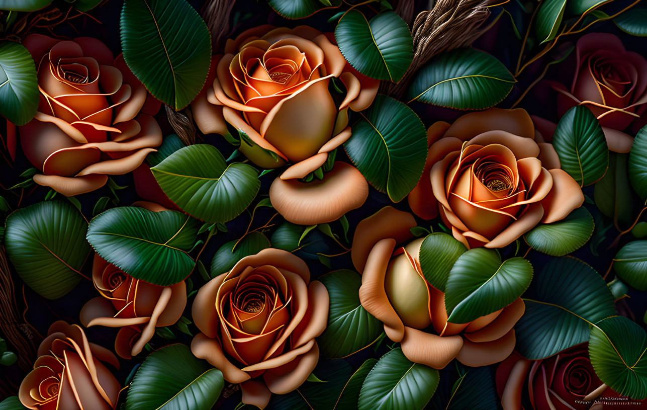 Bronze Roses and Green Leaves in Moody Digital Art