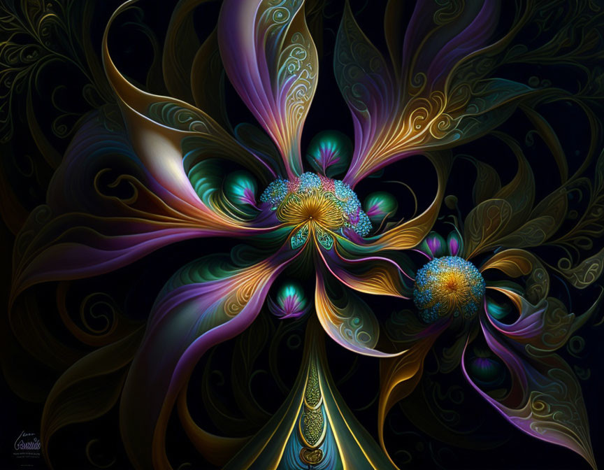 Colorful Floral Fractal Design on Dark Background