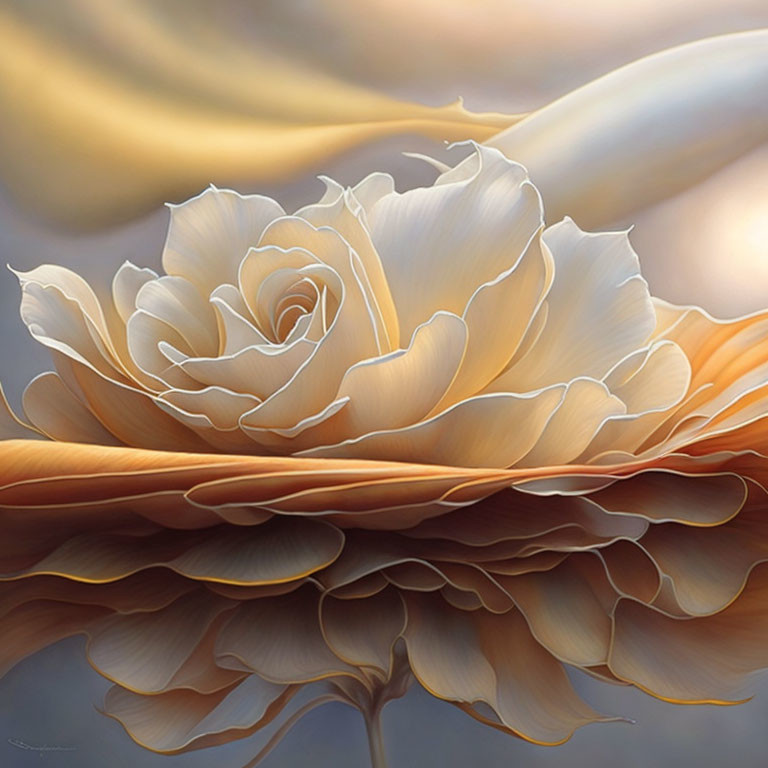 Rose illustration with white and amber petals in warm golden light