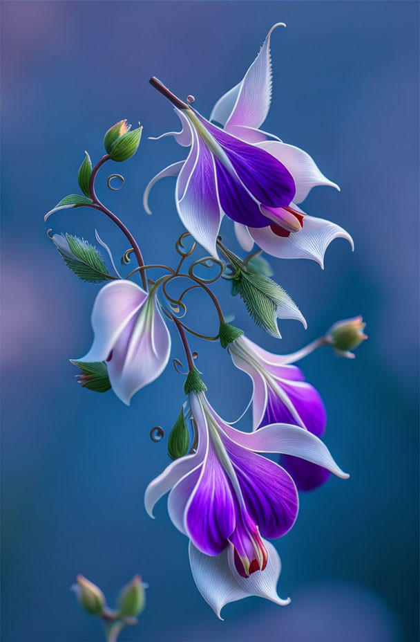 Cluster of White and Purple Fuchsia Flowers on Soft Blue Background