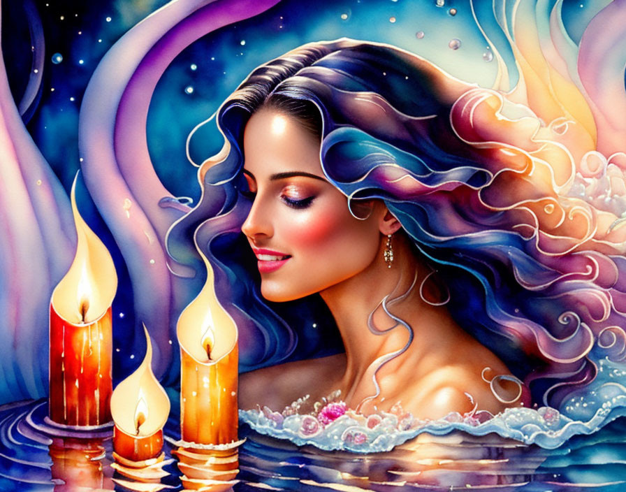 Stylized portrait of woman with flowing hair in cosmic background and glowing candles