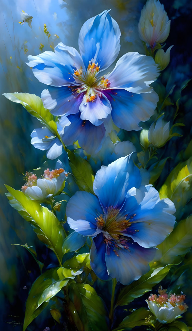 Blue, White, and Purple Flowers in Digital Painting