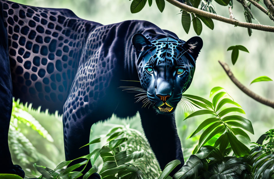 Black Panther with Bright Blue Markings Prowling in Green Foliage