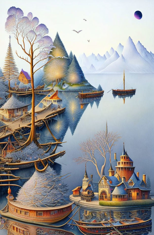 Fantasy landscape painting: mountainous islands, houses, trees, ship on tranquil waters, twilight sky